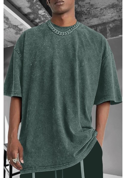 Erkek Petrol Yeşili Oversize Asit Yıkamalı Eskitme Efektli Boyalı T-Shirt