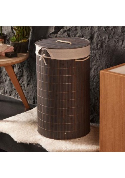 Kirli Çamaşır Sepeti Bambu Çamaşır Selesi Kapaklı Hasır Desenli Kirli Sepeti Düz 35X60