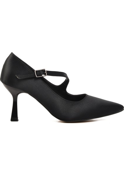 Siyah Saten Kadın Topuklu Stiletto Ayakkabı