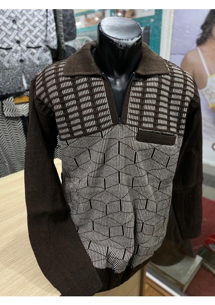 Erkek Triko Yarım Fermuarlı Cepli Kazak