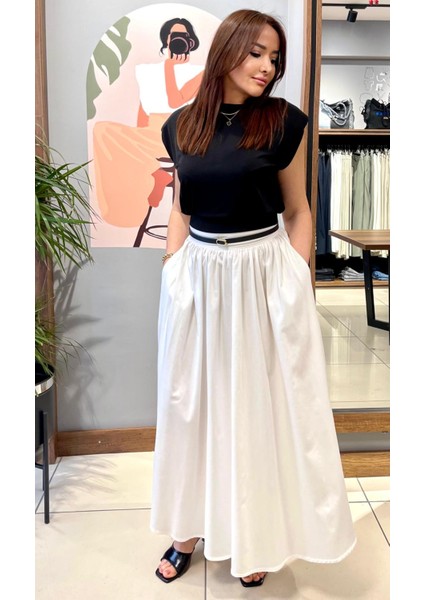 Mevsimlik Pamuk Saten Cepli Uzun Etek.