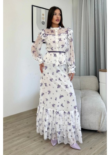 Çiçek Desenli Bluz ve Etek Ikili Takım 4707-BEYAZ/MOR