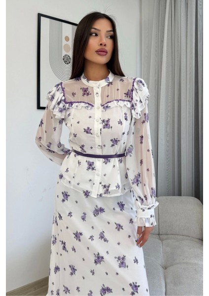 Çiçek Desenli Bluz ve Etek Ikili Takım 4707-BEYAZ/MOR fiyatları
