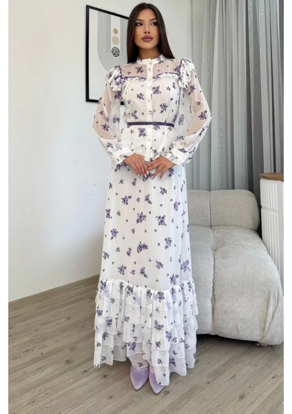 Çiçek Desenli Bluz ve Etek Ikili Takım 4707-BEYAZ/MOR modelleri