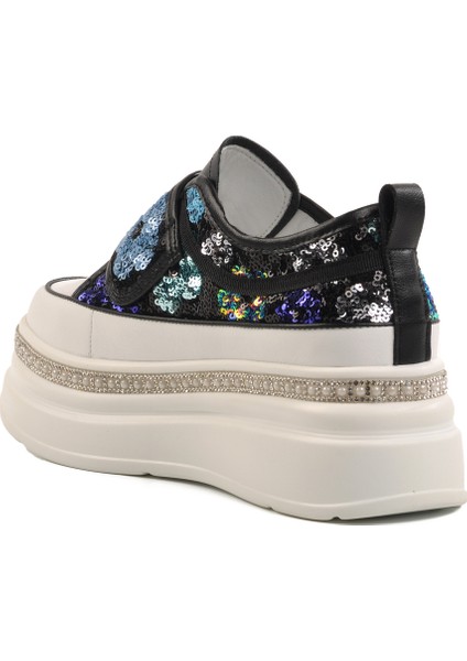 Siyah Yüksek Taban Taş Işlemeli Kadın Sneaker fırsatları