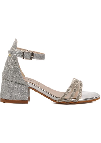 Gümüş Taş Işlemeli Kız Çocuk Sandalet