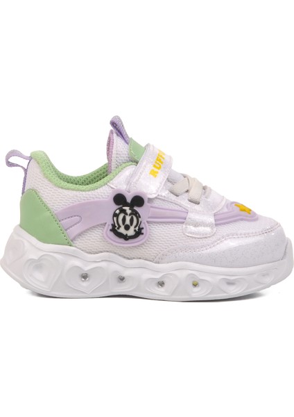 Beyaz Yeşil Cırtlı Işıklı Hafif Kız Çocuk Spor Ayakkabı