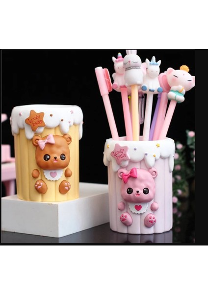 Ayı Kalemlik Ofis Sarı Lovely Bear Ayıcık Teddy Pembe Kalp Fiyonklu Şirin Çocuk Hediyelik 1 Adet