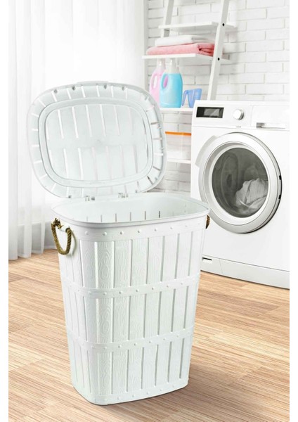 Beyaz Ahşap Görünümlü Çamaşır Sepeti, 32 L, dayanıklı ve şık tasarım