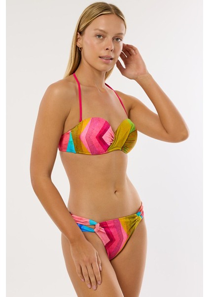 4610 Mavi Fuşya Desenli Straplez Bikini Takımı