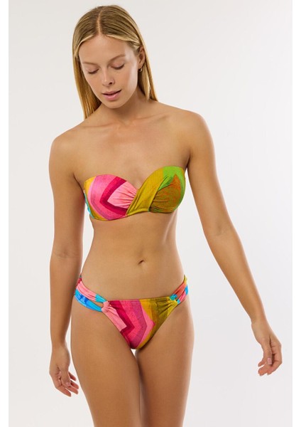 4610 Mavi Fuşya Desenli Straplez Bikini Takımı