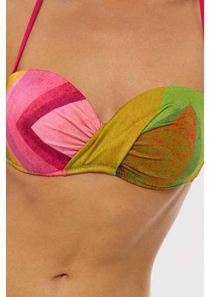 4610 Mavi Fuşya Desenli Straplez Bikini Takımı