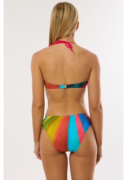 4610 Mavi Fuşya Desenli Straplez Bikini Takımı