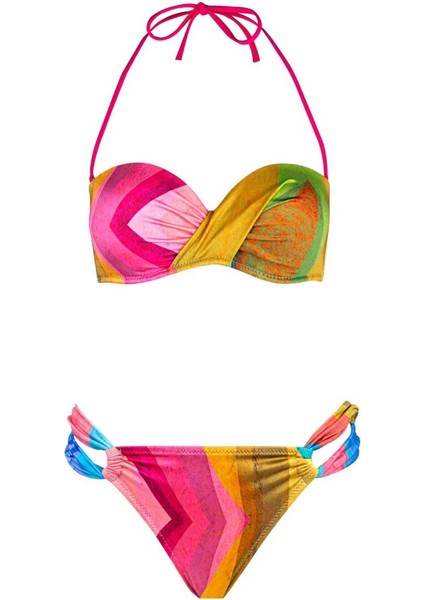 4610 Mavi Fuşya Desenli Straplez Bikini Takımı