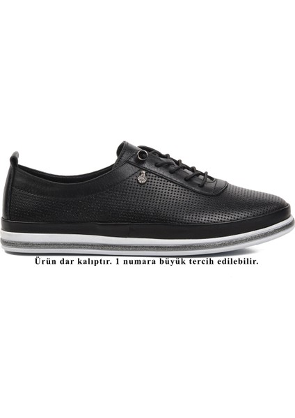 Siyah Beyaz Deri Kadın Düz Rahat Günlük Ayakkabı