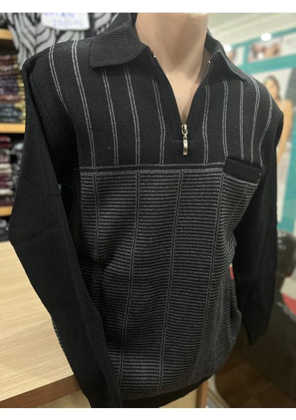 Erkek Triko Yarım Fermuarlı Cepli Kazak