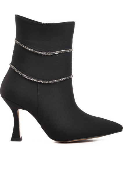 Siyah Saten Kadın Topuklu Bot
