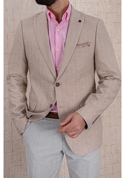Erkek Slim Fit Sivri Yaka Yarım Astar Bej Ceket