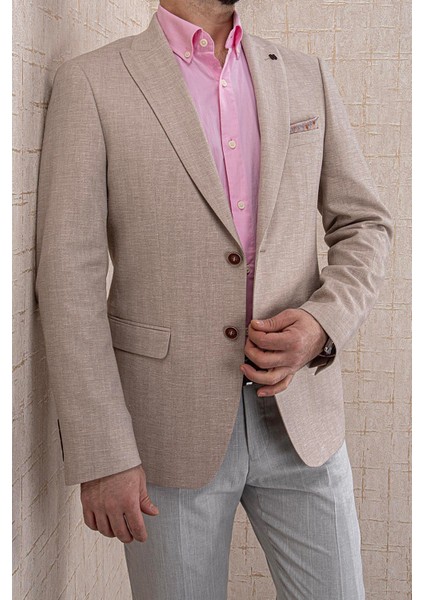 Erkek Slim Fit Sivri Yaka Yarım Astar Bej Ceket