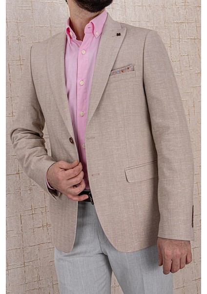 Erkek Slim Fit Sivri Yaka Yarım Astar Bej Ceket