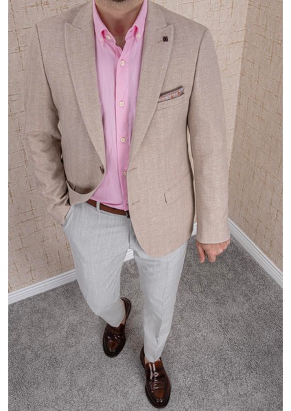 Erkek Slim Fit Sivri Yaka Yarım Astar Bej Ceket