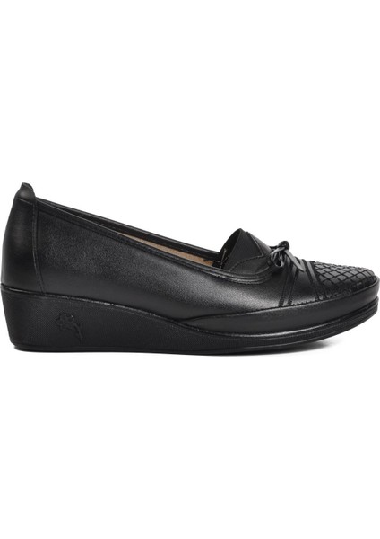 Siyah Deri Kadın Düz Rahat Günlük Ayakkabı