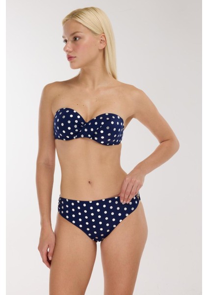 4600 Gümüş Puantiyeli Lacivert Straplez Bikini Takımı