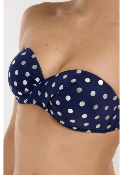 4600 Gümüş Puantiyeli Lacivert Straplez Bikini Takımı