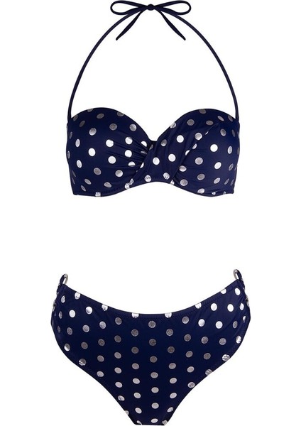 4600 Gümüş Puantiyeli Lacivert Straplez Bikini Takımı