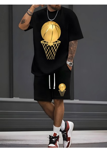 Actıve Moda - Erkek Basketball Baskılı Kısa Kollu Tshırt-Şort Takımı 2 Li Pamuklu Büyük Beden Oversize