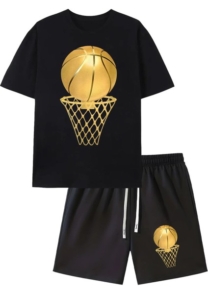 Actıve Moda - Erkek Basketball Baskılı Kısa Kollu Tshırt-Şort Takımı 2 Li Pamuklu Büyük Beden Oversize