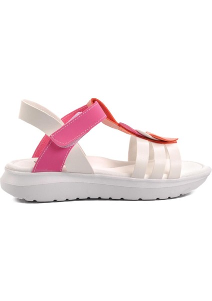 Beyaz Fuşya Pembe Kız Çocuk Düz Sandalet