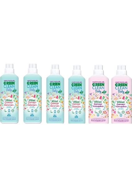 Green Clean Bitkisel Baby Çamaşır Deterjanı 1000 ml Baby Çamaşır Yumuşatıcı 1000 ml 6 Lı Set