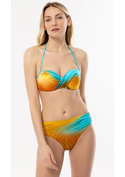 4600 Kahve Mavi Desenli Straplez Bikini Takımı