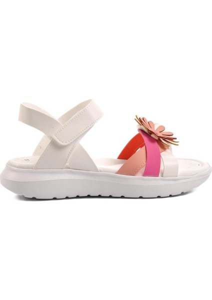 Beyaz Fuşya Pembe Kız Çocuk Düz Sandalet