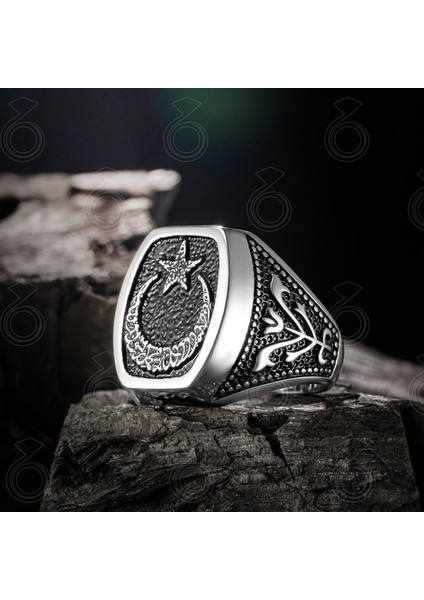 925 Ayar Gümüş Kelime-I Tevhid Ayyıldız Tasarım Erkek Yüzük