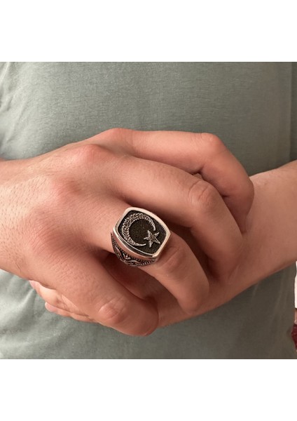 925 Ayar Gümüş Kelime-I Tevhid Ayyıldız Tasarım Erkek Yüzük modelleri