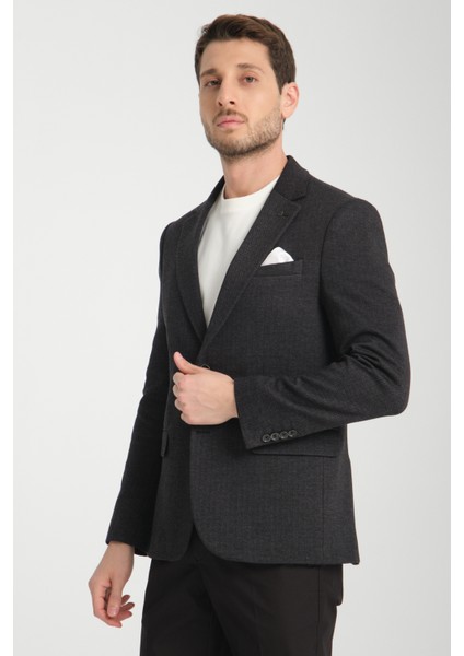 Brando Erkek Siyah Kendinden Desenli Slim Fit Pamuklu Likralı Esneyen Kumaşlı Spor Blazer Ceket