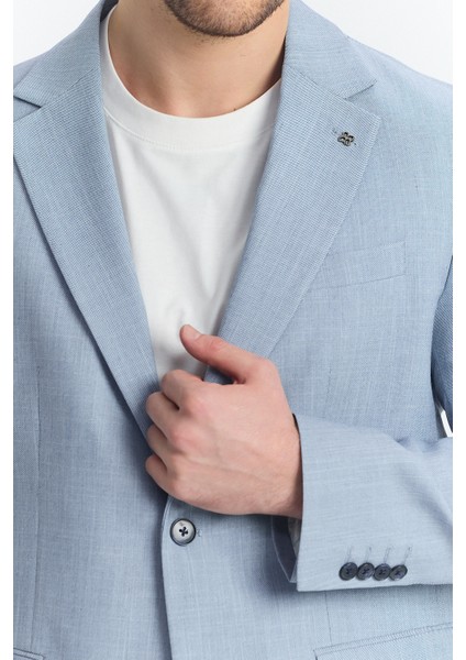 Tacues Erkek Mavi Yarım Astarlı Kapak Cepli Keten Karışımlı Ilkbahar-Yaz Spor Blazer Ceket