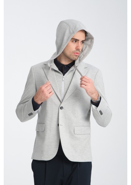Marcio Erkek Açık Gri Çıkarılabilir Kapşonlu Yarım Astar Slim Fit Mono Yaka Spor Blazer Ceket