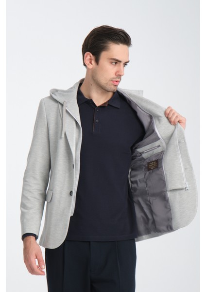 Marcio Erkek Açık Gri Çıkarılabilir Kapşonlu Yarım Astar Slim Fit Mono Yaka Spor Blazer Ceket