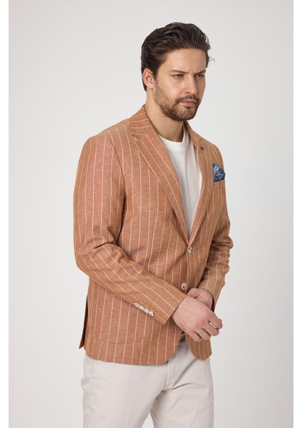 Vitao Erkek Kiremit Italyan Çizgili Keten Karışımlı Ilkbahar-Yazlık Blazer Ceket modelleri