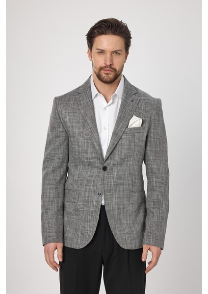 Zenos Erkek Siyah Keten Görünümlü Ilkbahar-Yaz Ekose Slim Fit Spor Blazer Ceket