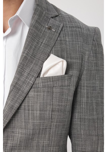 Zenos Erkek Siyah Keten Görünümlü Ilkbahar-Yaz Ekose Slim Fit Spor Blazer Ceket fiyatları