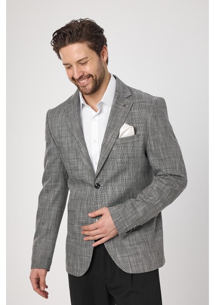 Zenos Erkek Siyah Keten Görünümlü Ilkbahar-Yaz Ekose Slim Fit Spor Blazer Ceket modelleri