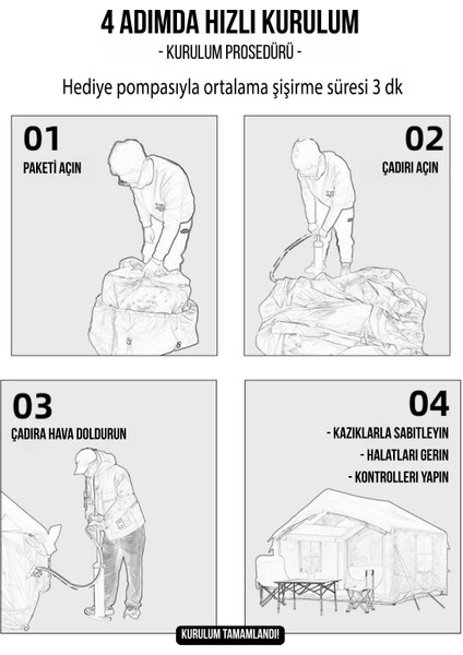 Şişme Kamp Çadırı 5 Mevsim 300X250X210 cm 4-6 Kişilik Çadır Pompalı Baca Çıkışlı Tavan Manzaralı