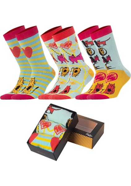 Design Cats Kadın Soket Çorap Set Koleksiyon Özel Tasarım Kırmızı Kalp Kedi Rengarenk 3'lü indirimleri