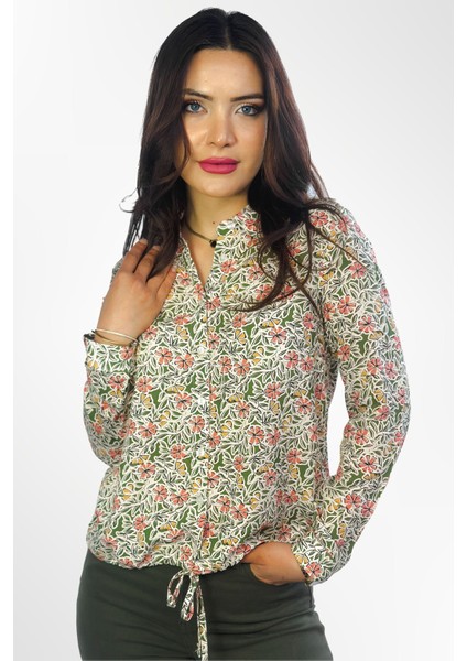 Kadın Yeşil Çiçek Desenli Düğmeli Rahat Kesim Gömlek - Günlük ve Şık Kombinler Için fiyatları