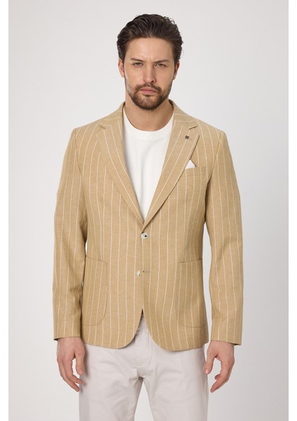 Vitao Erkek Bej Italyan Çizgili Keten Karışımlı Ilkbahar-Yazlık Blazer Ceket