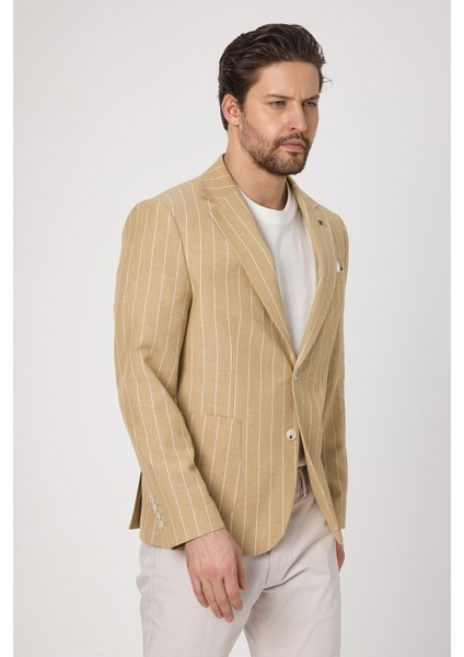 Vitao Erkek Bej Italyan Çizgili Keten Karışımlı Ilkbahar-Yazlık Blazer Ceket modelleri